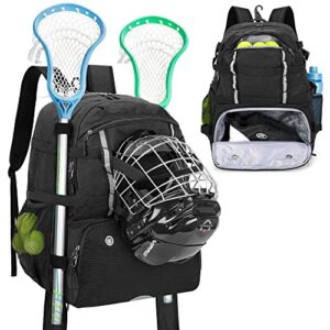 dsleaf lacrosse bag with stick holder, lacrosse backpack with external buckle straps to fix helmet, separate shoe space and other pockets to hold shoes us mens 13 and other lacrosse equipment (patent design)