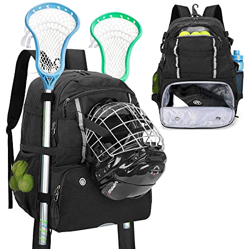 DSLEAF Lacrosse Bag with Stick Holder, Lacrosse Backpack with External Buckle Straps to Fix Helmet, Separate Shoe Space and Other Pockets to Hold Shoes US Mens 13 and Other Lacrosse Equipment (Patent Design)