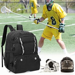 DSLEAF Lacrosse Bag with Stick Holder, Lacrosse Backpack with External Buckle Straps to Fix Helmet, Separate Shoe Space and Other Pockets to Hold Shoes US Mens 13 and Other Lacrosse Equipment (Patent Design)