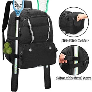 DSLEAF Lacrosse Bag with Stick Holder, Lacrosse Backpack with External Buckle Straps to Fix Helmet, Separate Shoe Space and Other Pockets to Hold Shoes US Mens 13 and Other Lacrosse Equipment (Patent Design)