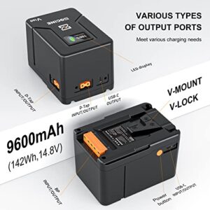 ZGCINE V160 V-Mount Battery 142Wh 14.8V 9600mAh with Dual D-TAP/USB-C Ports for Video Camera Camcorder Broadcast,V-Lock Battery Compatible with BMPCC 4K 6K Pro/ZCAM/Canon EOS R5C/Sony FX3