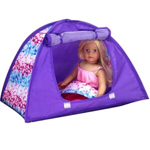 Sophia's Pop-Up Camping Tent with Roll Up Mesh Fabric Door and Geometric Print Sleeping Bag Set Sized for One 18" Doll, Purple/Pink