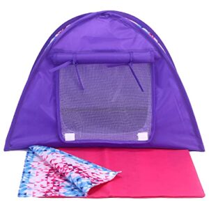 sophia's pop-up camping tent with roll up mesh fabric door and geometric print sleeping bag set sized for one 18" doll, purple/pink