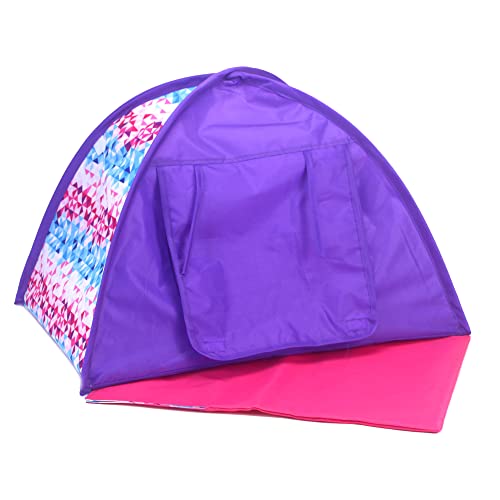 Sophia's Pop-Up Camping Tent with Roll Up Mesh Fabric Door and Geometric Print Sleeping Bag Set Sized for One 18" Doll, Purple/Pink