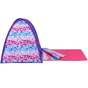 Sophia's Pop-Up Camping Tent with Roll Up Mesh Fabric Door and Geometric Print Sleeping Bag Set Sized for One 18" Doll, Purple/Pink