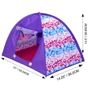 Sophia's Pop-Up Camping Tent with Roll Up Mesh Fabric Door and Geometric Print Sleeping Bag Set Sized for One 18" Doll, Purple/Pink