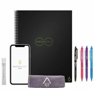rocketbook smart reusable lined eco-friendly notebook with 4 colored pilot frixion pens, 1 microfiber cloth, & 1 spay bottle - infinity black cover, letter size (8.5in x 11in)
