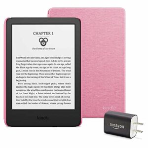 kindle essentials bundle including kindle (2022 release) - black - without lockscreen ads, fabric cover - rose, and power adapter