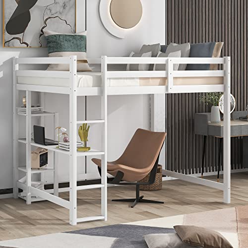 MOEO Full Size Loft Bed with Desk and Shelves, Wooden Style Bedframe for Kids, Adults, Teens,No Box Spring Needed, White