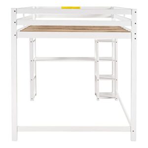 MOEO Full Size Loft Bed with Desk and Shelves, Wooden Style Bedframe for Kids, Adults, Teens,No Box Spring Needed, White