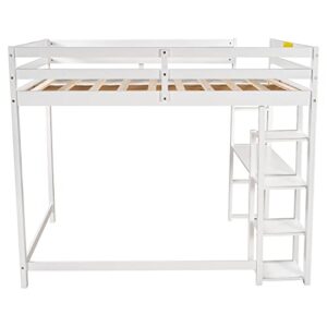 MOEO Full Size Loft Bed with Desk and Shelves, Wooden Style Bedframe for Kids, Adults, Teens,No Box Spring Needed, White