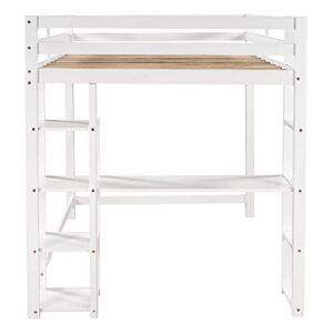 MOEO Full Size Loft Bed with Desk and Shelves, Wooden Style Bedframe for Kids, Adults, Teens,No Box Spring Needed, White