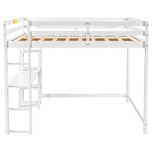 MOEO Full Size Loft Bed with Desk and Shelves, Wooden Style Bedframe for Kids, Adults, Teens,No Box Spring Needed, White