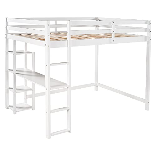 MOEO Full Size Loft Bed with Desk and Shelves, Wooden Style Bedframe for Kids, Adults, Teens,No Box Spring Needed, White