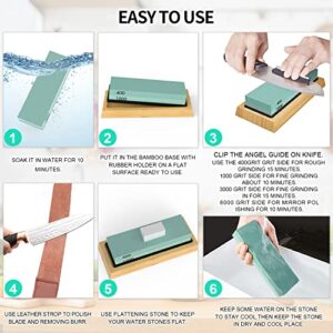 Sharpening Stone Whetstone Knife Sharpener, knife sharpening stone Premium 4 Side Grit 400/1000 3000/8000 Water Stone Sharpening Kit Wet Stones with Leather Strop, Bamboo Base & Angle Guide