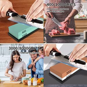 Sharpening Stone Whetstone Knife Sharpener, knife sharpening stone Premium 4 Side Grit 400/1000 3000/8000 Water Stone Sharpening Kit Wet Stones with Leather Strop, Bamboo Base & Angle Guide