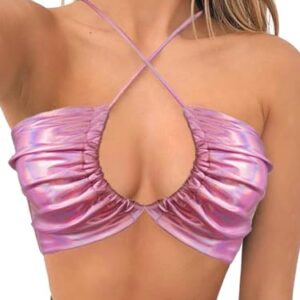 Women's Costume Pink Crop Checked Top Rave Festival Outfits Halter Tie Bra Bustier Top Sexy Pink Top S