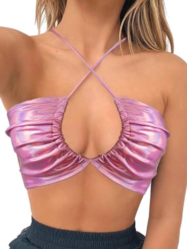 Women's Costume Pink Crop Checked Top Rave Festival Outfits Halter Tie Bra Bustier Top Sexy Pink Top S