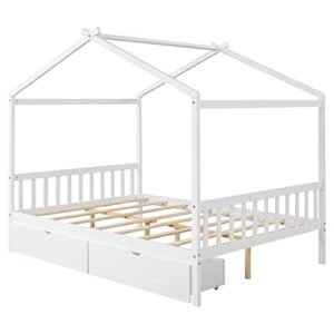 Merax Full Size House Platform Bed Frames with with Two Drawers, Headboard and Footboard/No Box Spring Needed/Easy Assembly