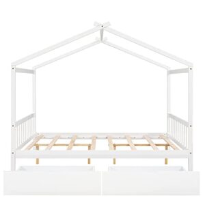 Merax Full Size House Platform Bed Frames with with Two Drawers, Headboard and Footboard/No Box Spring Needed/Easy Assembly