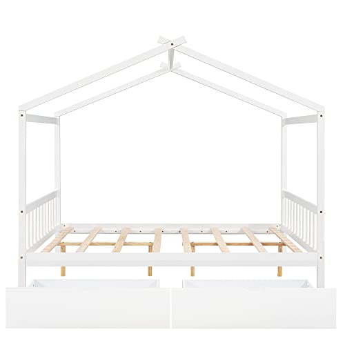 Merax Full Size House Platform Bed Frames with with Two Drawers, Headboard and Footboard/No Box Spring Needed/Easy Assembly