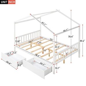 Merax Full Size House Platform Bed Frames with with Two Drawers, Headboard and Footboard/No Box Spring Needed/Easy Assembly