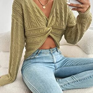 WDIRARA Women's Cable Knit Twsit Front V Neck Long Sleeve Crop Sweater Pullover Khaki L