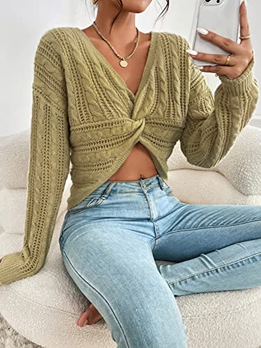 WDIRARA Women's Cable Knit Twsit Front V Neck Long Sleeve Crop Sweater Pullover Khaki L