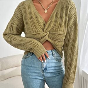 WDIRARA Women's Cable Knit Twsit Front V Neck Long Sleeve Crop Sweater Pullover Khaki L