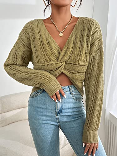 WDIRARA Women's Cable Knit Twsit Front V Neck Long Sleeve Crop Sweater Pullover Khaki L