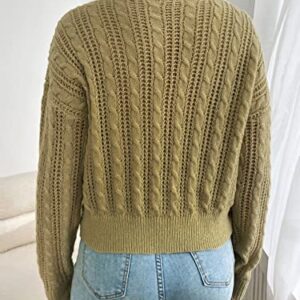 WDIRARA Women's Cable Knit Twsit Front V Neck Long Sleeve Crop Sweater Pullover Khaki L