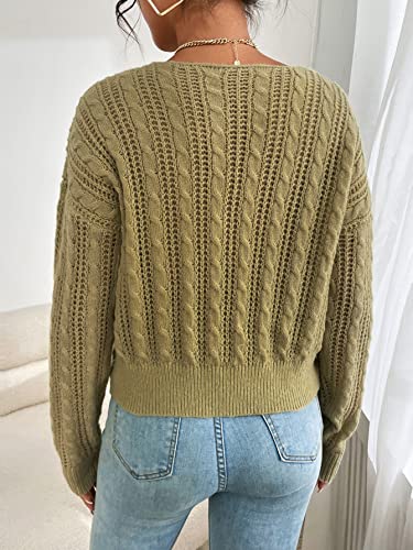 WDIRARA Women's Cable Knit Twsit Front V Neck Long Sleeve Crop Sweater Pullover Khaki L