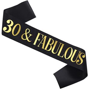 30 & fabulous birthday sash, gold foil '30 & fabulous' black satin 30th birthday sash for men or women birthday party favors decorations gifts