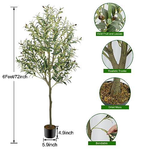 Olive Tree Artificial Indoor 6FT (72''), GTIDEA Artificial Tree Fake Tree Indoor Large Faux Olive Tree and Fruits Artificial Plants Silk Trees for Home Office Living Room Spring Decor