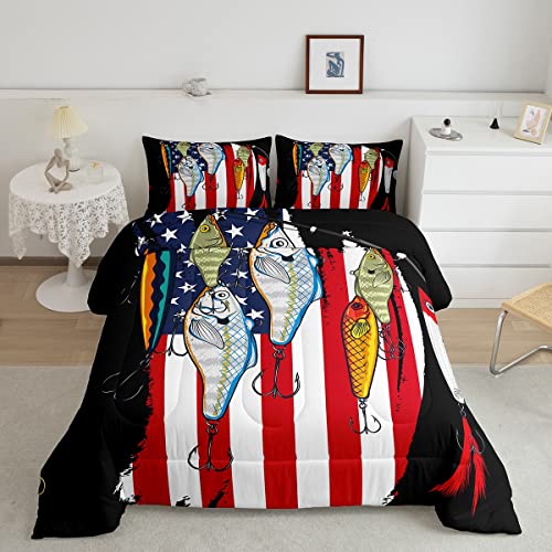 Fishing Comforter Set for Boys Girls American Flag Beding Set Red Grunge Stripes Print Duvet Insert Bass Fishing Comforter Fisherman Hunting and Fishing Small Fish Pattern Quilt Queen, 2 Pillowcases