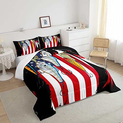 Fishing Comforter Set for Boys Girls American Flag Beding Set Red Grunge Stripes Print Duvet Insert Bass Fishing Comforter Fisherman Hunting and Fishing Small Fish Pattern Quilt Queen, 2 Pillowcases