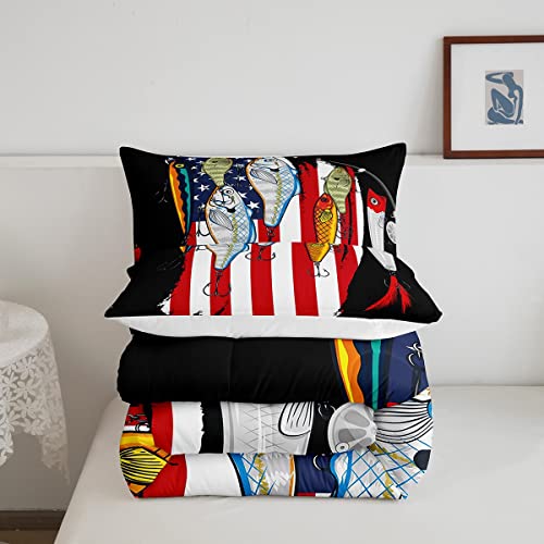 Fishing Comforter Set for Boys Girls American Flag Beding Set Red Grunge Stripes Print Duvet Insert Bass Fishing Comforter Fisherman Hunting and Fishing Small Fish Pattern Quilt Queen, 2 Pillowcases