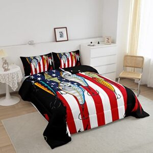 Fishing Comforter Set for Boys Girls American Flag Beding Set Red Grunge Stripes Print Duvet Insert Bass Fishing Comforter Fisherman Hunting and Fishing Small Fish Pattern Quilt Queen, 2 Pillowcases