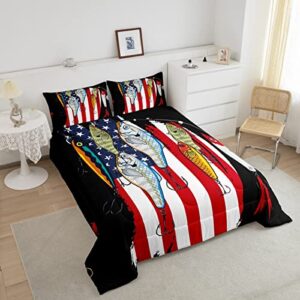 Fishing Comforter Set for Boys Girls American Flag Beding Set Red Grunge Stripes Print Duvet Insert Bass Fishing Comforter Fisherman Hunting and Fishing Small Fish Pattern Quilt Queen, 2 Pillowcases