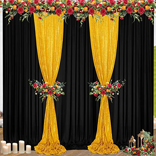 10x10 ft Black Backdrop Curtains and 10x4 ft Gold Sequin Backdrop Curtains, Black and Gold Backdrop Curtains for Parties, Wrinkle Free Backdrop Drapes for Wedding Birthday, 4 Panels