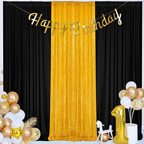 10x10 ft Black Backdrop Curtains and 10x4 ft Gold Sequin Backdrop Curtains, Black and Gold Backdrop Curtains for Parties, Wrinkle Free Backdrop Drapes for Wedding Birthday, 4 Panels