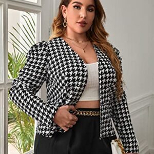 WDIRARA Women's Plus Size Houndstooth Print Long Puff Sleeve Open Front Jacket Blazer Black and White 3XL