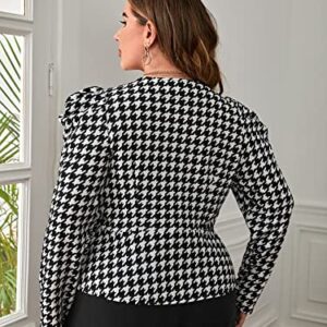 WDIRARA Women's Plus Size Houndstooth Print Long Puff Sleeve Open Front Jacket Blazer Black and White 3XL