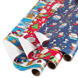 american greetings 105 sq. ft. peanuts christmas wrapping paper bundle with cut lines, peanuts characters (3 rolls 30 in. x 14 ft.)