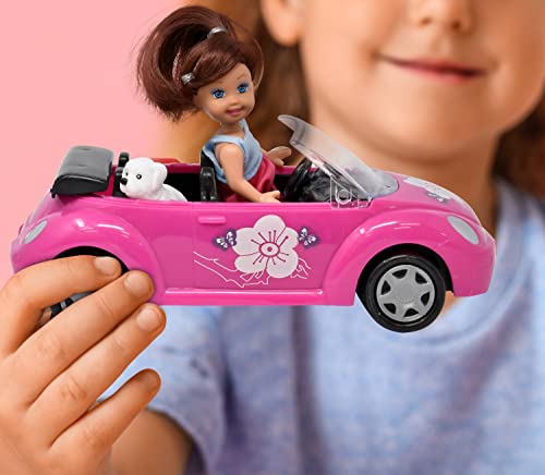 Mini Car for Dolls Vehicle Toy Set for Girls with Mini Fashion Doll and Dog Pink Convertible Playset Doll Riding Toys for Kids Toddlers Ages 3 4 5 6 7 8