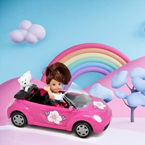 Mini Car for Dolls Vehicle Toy Set for Girls with Mini Fashion Doll and Dog Pink Convertible Playset Doll Riding Toys for Kids Toddlers Ages 3 4 5 6 7 8