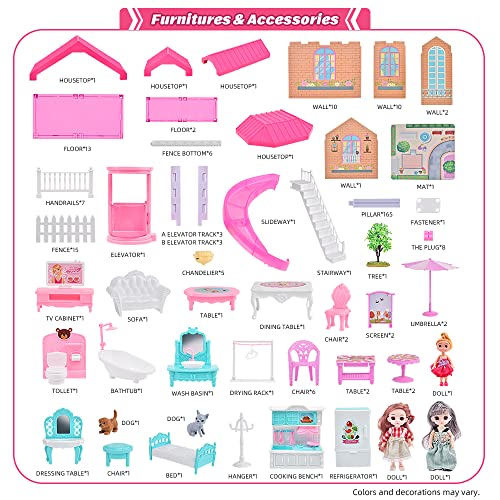 Doll House for 3 Year Old Girls,4-Story 13 Rooms Doll House,Fully Furnished Dollhouses w/Lights,Play Mat and Upgraded Doll,Play House Accessories,Elevator and Slide,Gift Toy for Kids 4 5 6 7 8 to 12+