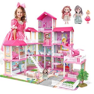 doll house for 3 year old girls,4-story 13 rooms doll house,fully furnished dollhouses w/lights,play mat and upgraded doll,play house accessories,elevator and slide,gift toy for kids 4 5 6 7 8 to 12+