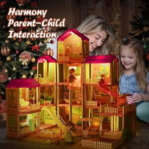 Doll House for 3 Year Old Girls,4-Story 13 Rooms Doll House,Fully Furnished Dollhouses w/Lights,Play Mat and Upgraded Doll,Play House Accessories,Elevator and Slide,Gift Toy for Kids 4 5 6 7 8 to 12+