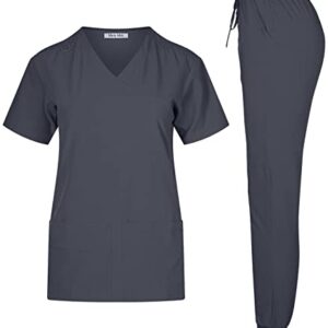 Minty Mint Women's Lightweight Durable Solid 4-way Stretch Medical Uniform Scrub Set V Neck Top Cargo Tapered Jogger Pants Nurse Veterinarian LvE3A Grey L